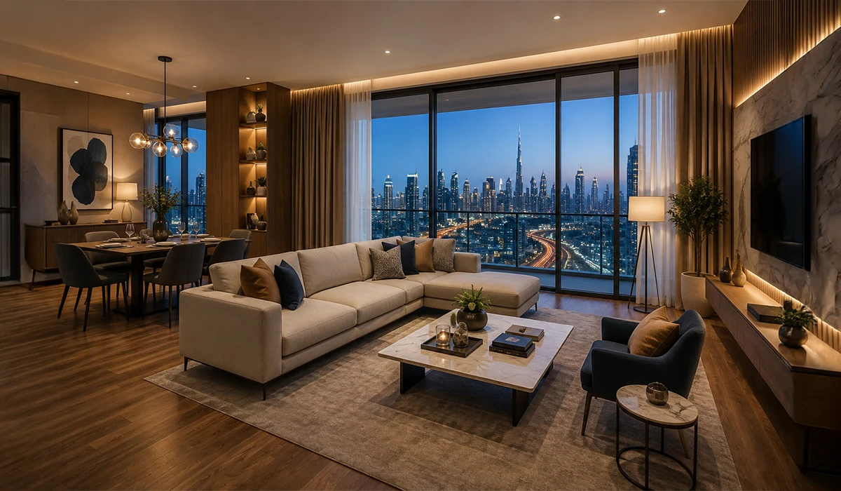 Luxury apartment interior with city views showcasing renovation services Dubai