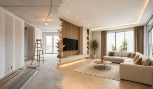 Modern living room transformation showcasing renovation services Dubai
