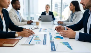 A diverse team working with market research companies in UAE analyzing financial charts, graphs, and analytics data on a modern office conference table.