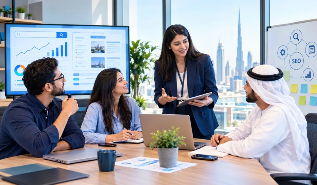 A diverse team of digital marketing experts, including a man in traditional Emirati attire, discussing data analytics and keyword strategies during a business meeting for SEO Services in Dubai, with the iconic Burj Khalifa visible through the window.