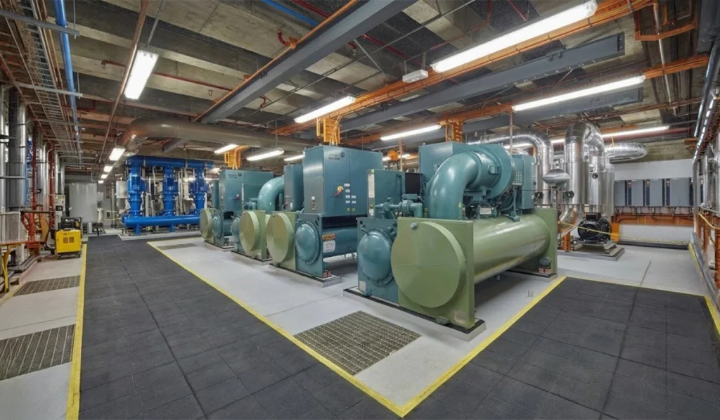 Industrial chiller units in a commercial HVAC plant maintained by a chiller maintenance company in Dubai.