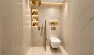 Modern luxury bathroom featuring beige marble wall and floor tiles, a wall-mounted toilet, gold shower fixtures, illuminated recessed storage shelves, and premium stone finishes from building material suppliers.