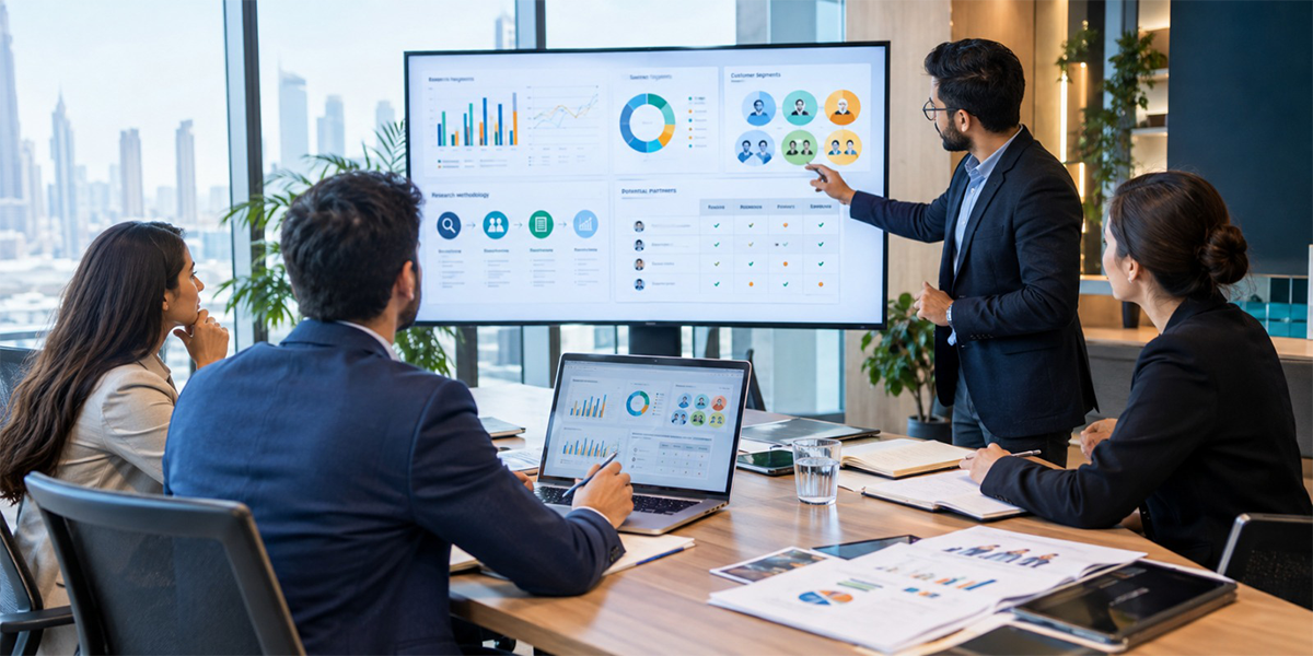 Market research services UAE with business professionals reviewing market research data, customer segments, charts, and business insights during a presentation.