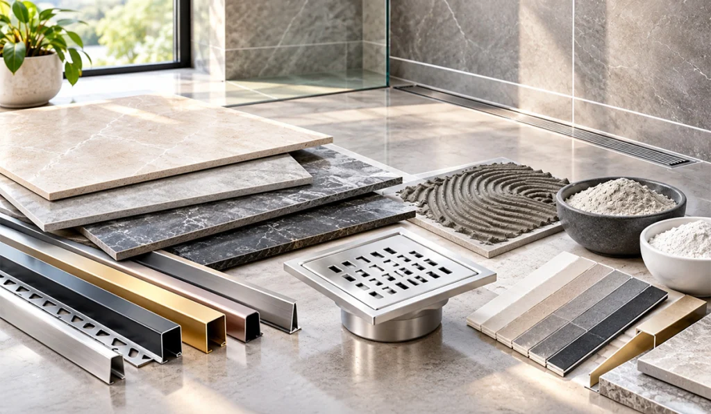 Display of premium building materials, including marble and stone tiles, tile adhesive, stainless steel floor drains, shower drainage channels, and decorative tile samples for modern bathroom construction.