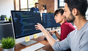 Web development services in Dubai with professional developers collaborating on website coding and design.